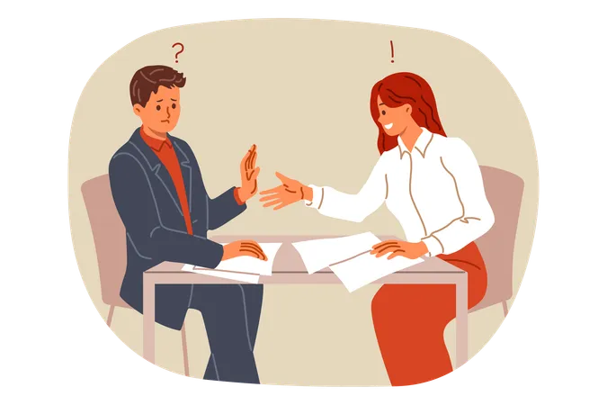 Refusal to conclude business deal from man with woman partner and not wanting to shake hands  Illustration