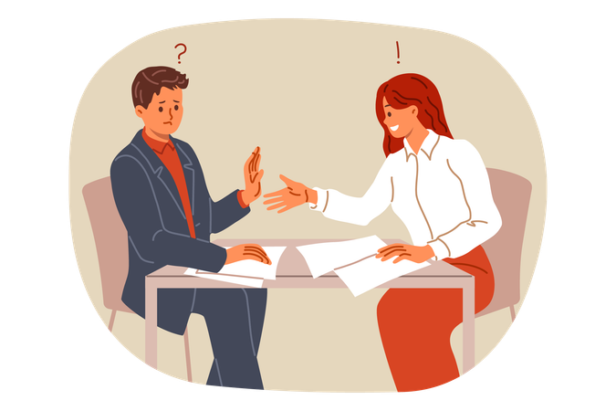 Refusal to conclude business deal from man with woman partner and not wanting to shake hands  Illustration