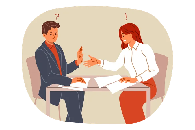 Refusal To Conclude Business Deal From Man Sitting At Table With Woman Partner And Not Wanting To Shake Hands Businessman Interrupts Signing Contract And Refuses To Continue Talking With Manager Illustration