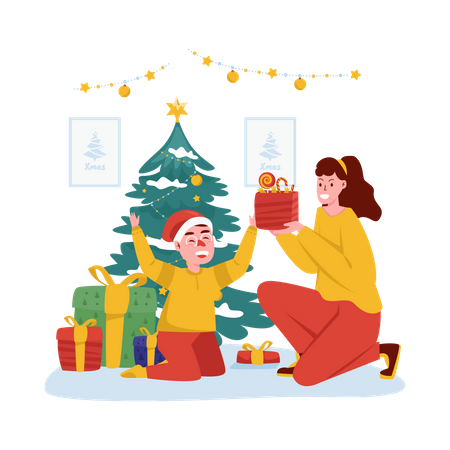 Abriendo regalo de navidad  Ilustración