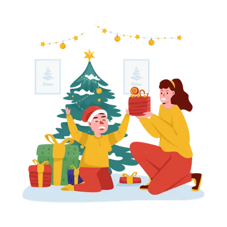 Abriendo regalo de navidad  Ilustración