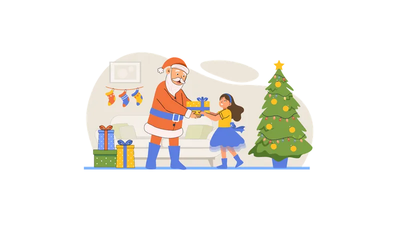 Santa dando regalo de Navidad a niña  Ilustración