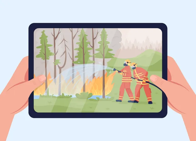 Regarder les pompiers travailler sur le site sur une tablette  Illustration