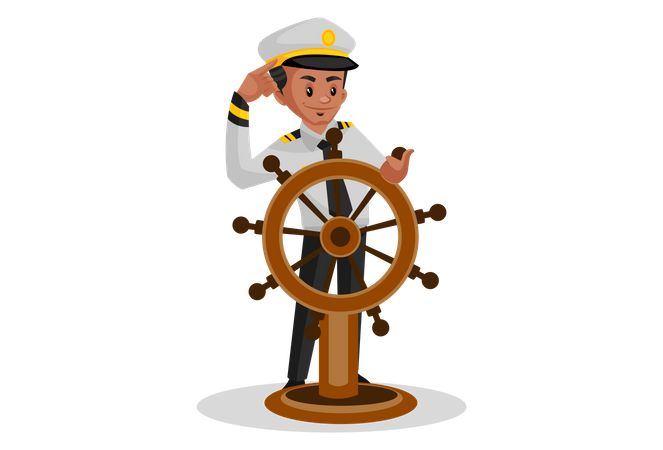 Marinero girando el barco usando el volante  Ilustración
