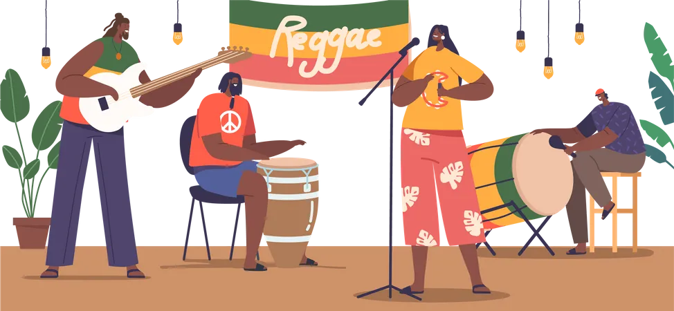Reggae Musicians On Stage Exude Vibrant Energy  Illustration