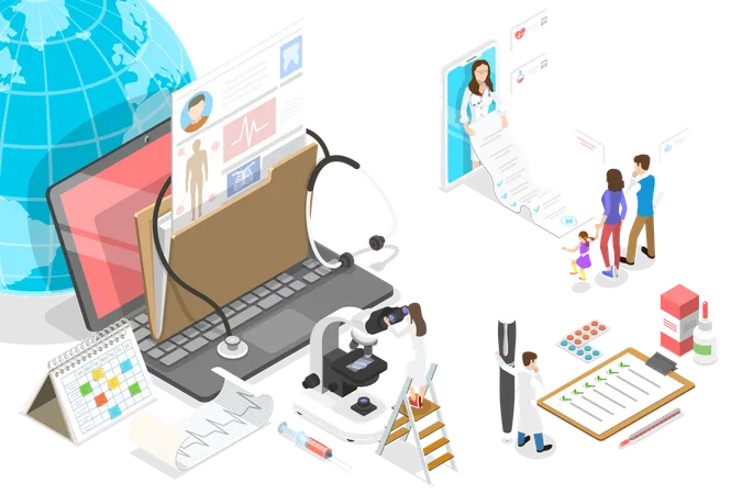Registro eletrônico de saúde e informações de saúde do paciente armazenadas eletronicamente  Ilustração