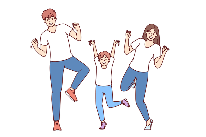 Papá regocijado con mamá y niño bailan y celebran la victoria en la competencia familiar joven  Ilustración