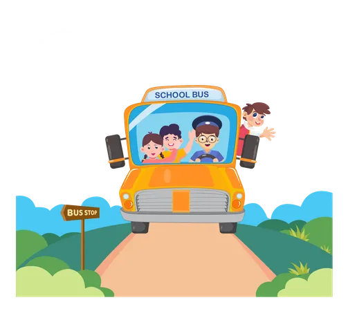 Concepto De Regreso A La Escuela Los Ninos Felices Iran A La Escuela En Autobus Escolar Ilustracion De Vector Plano Ilustración