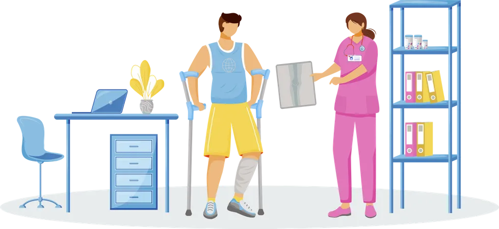 Doctor And Patient Flat Color Vector Faceless Characters Rehabilitation At Hospital Man With Cast On Leg Female Physician At Clinic Healthcare Treatment Isolated Cartoon Illustration Illustration