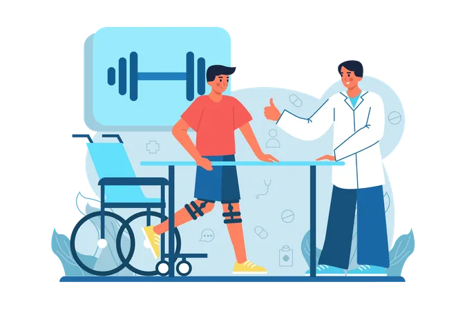 Rehabilitation Medicine Blue Concept With People Scene In The Flat Cartoon Design A Doctor Helps A Patient Recover From A Serious Illness Vector Illustration Illustration