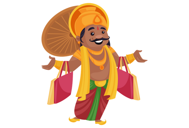 Rei Mahabali com sacolas de compras nas mãos  Ilustração