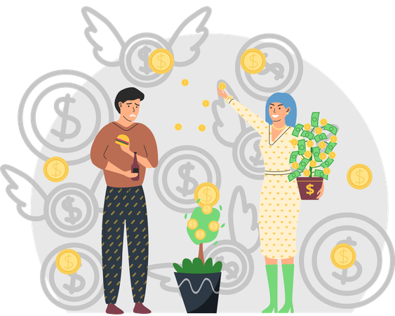 Reiche, glückliche Frau verstreut Geld  Illustration