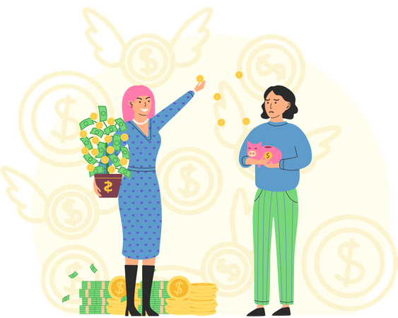 Reiche, glückliche Frau verstreut Geld  Illustration