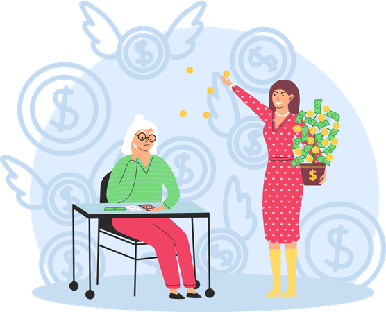 Reiche glückliche Frau verstreut Geld arme traurige Frau zählt Ersparnisse Illustration