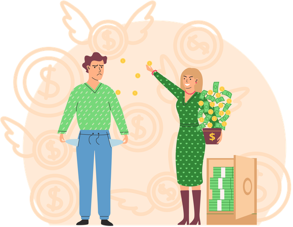 Reiche, glückliche Frau verstreut Rechnungen, armer Mann zeigt leere Taschen  Illustration