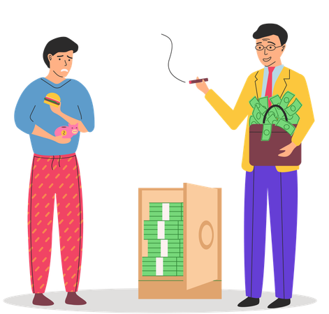 Reicher, glücklicher Millionär und armer Mann, der billiges Fastfood isst  Illustration