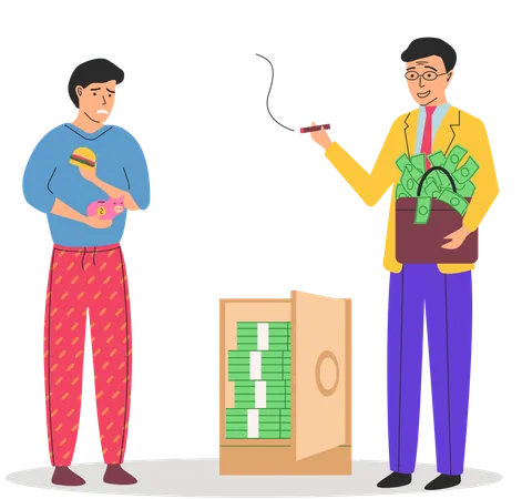Reicher, glücklicher Millionär und armer Mann, der billiges Fastfood isst  Illustration