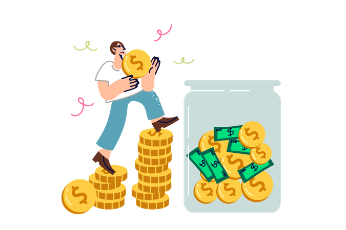 Reicher Mann spart Geld, indem er Münzen in ein durchsichtiges Glas steckt, um Reservekapital anzusammeln  Illustration