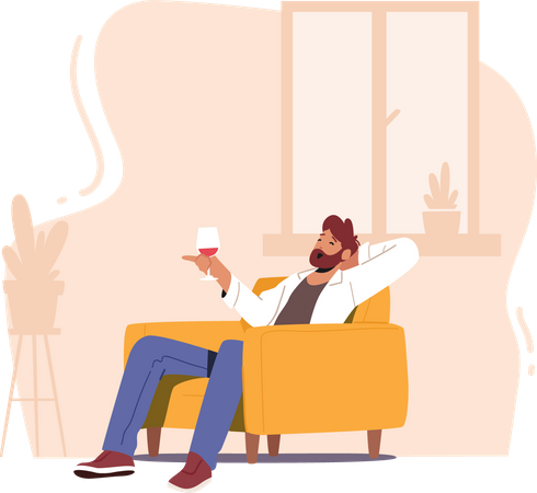 Reifer Mann sitzt auf Sessel und hält ein Weinglas in der Hand  Illustration