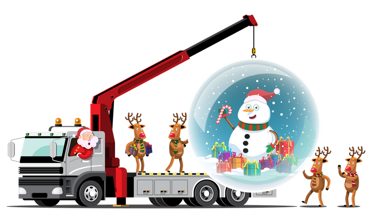 Reindeer and Santa bring a giant crystal ball and snowman inside truck Illustration