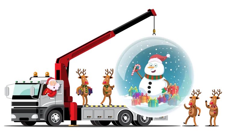 Reindeer and Santa bring a giant crystal ball and snowman inside truck Illustration