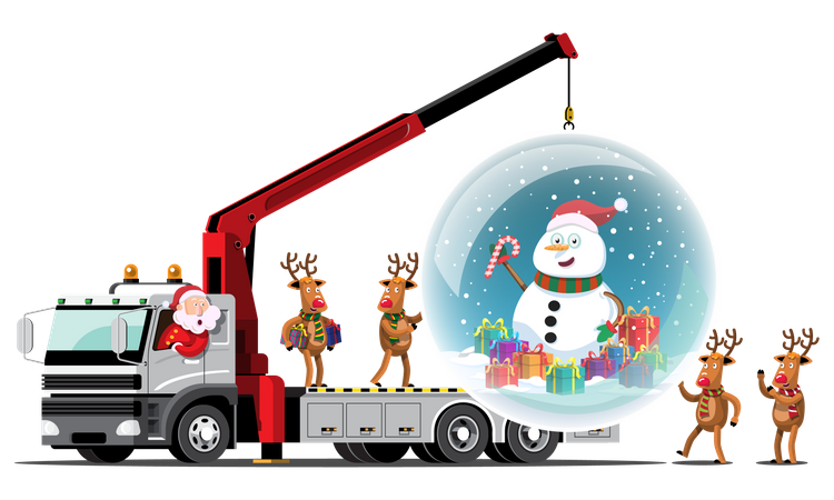 Reindeer and Santa bring a giant crystal ball and snowman inside truck  Illustration