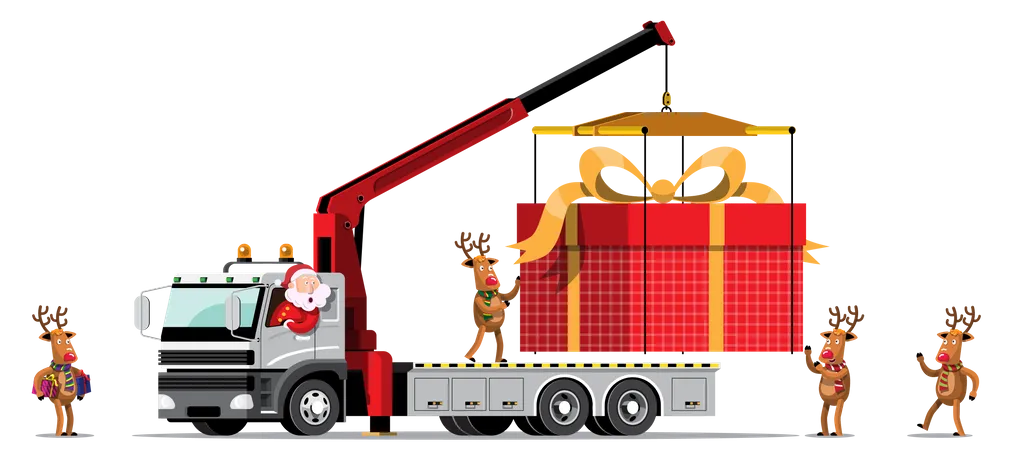 Reindeer and Santa bring a giant gift box in truck Illustration