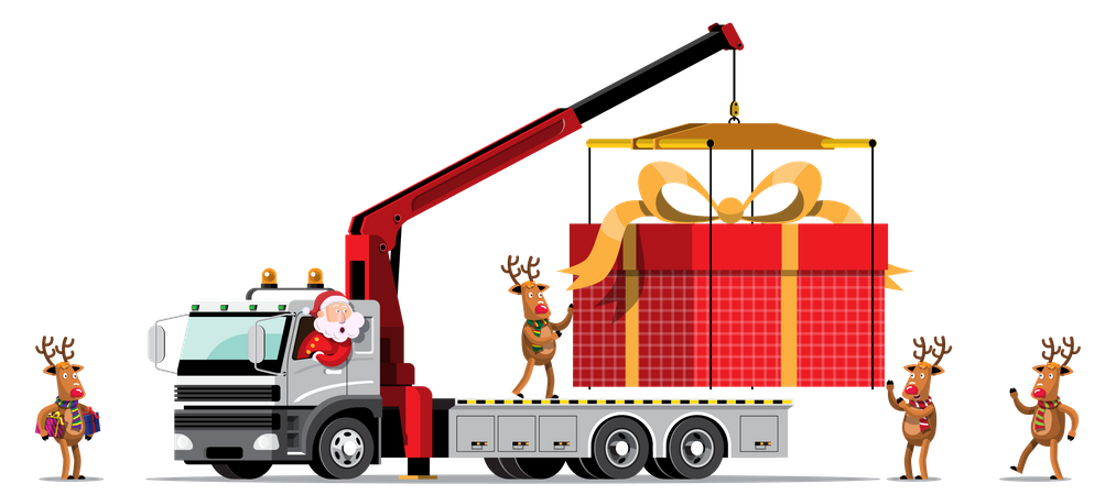 Reindeer and Santa bring a giant gift box in truck  Illustration