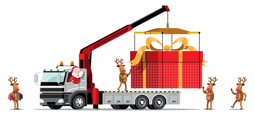 Reindeer and Santa bring a giant gift box in truck  Illustration