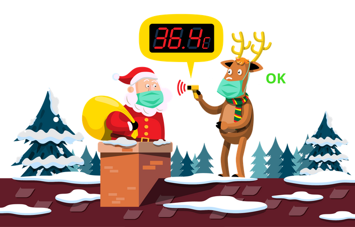 Reindeer checking temperature of Santa Illustration