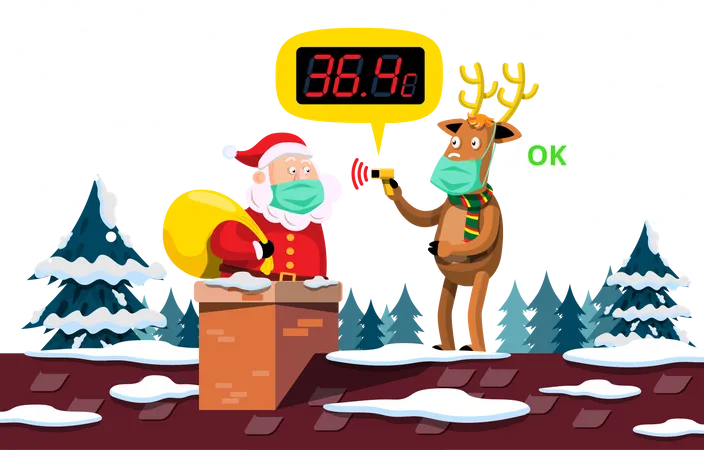 Reindeer checking temperature of Santa Illustration