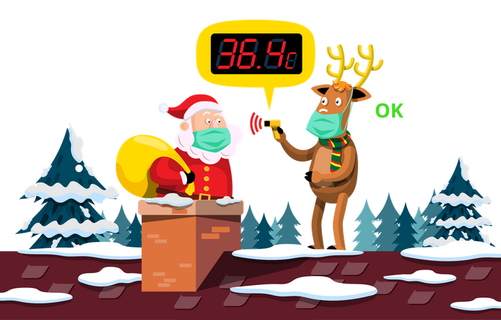 Reindeer checking temperature of Santa  Illustration