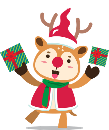 Reindeer in Santa costume showing Christmas presents  Illustration