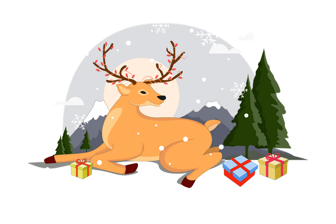 Reindeer Sitting in Snowfall  Illustration