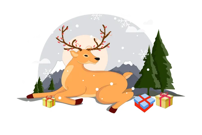 Reindeer Sitting in Snowfall  Illustration