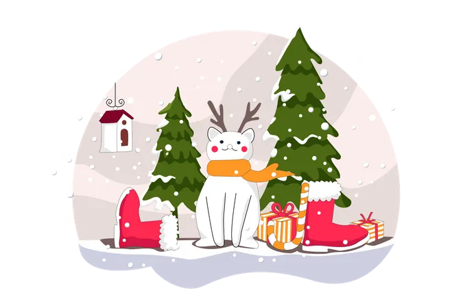 Reindeer sitting with Christmas things Illustration