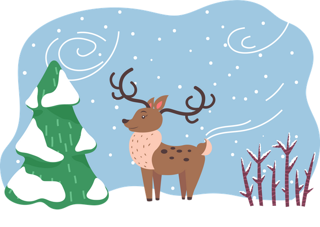 Reindeer Stand In Winter Forest  Illustration