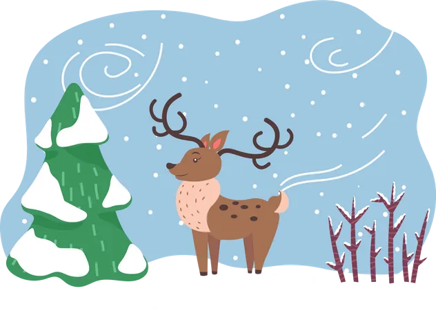 Cartoon Character Deer Stand On Snowy Ground In Wood North Reindeer With Large Antlers And Brown Fur Coat Animal Dressed In Scarf Because Of Windy And Cold Weather In Winter Vector Illustration Illustration