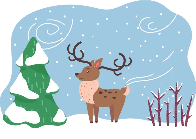 Reindeer Stand In Winter Forest  Illustration