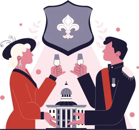 La reine et les prix portent un toast à une forme de gouvernement avec le pouvoir entre les mains d'un petit  Illustration