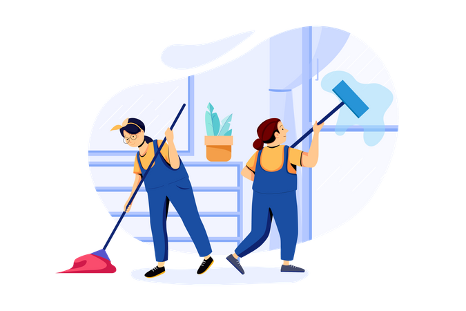 Reinigungskräfte putzen Haus mit Wischmopp  Illustration