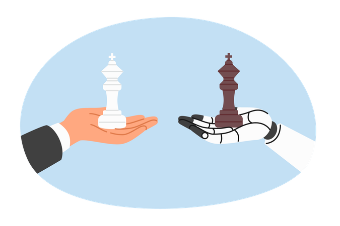 Reis do xadrez nas mãos de humanos e robôs competindo em planejamento estratégico e conhecimento de gestão  Ilustração