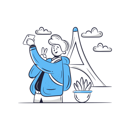 Reiseblogger macht Selfie mit dem Eiffelturm  Illustration