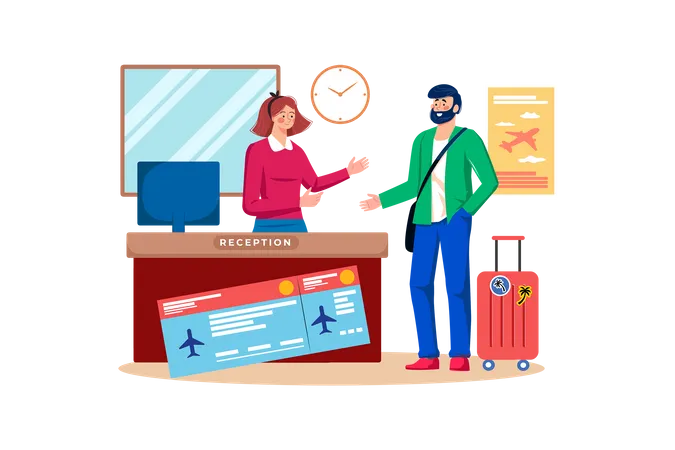 Reisebüro hilft Kunden bei der Buchung von Flügen und Unterkünften für einen Urlaub  Illustration