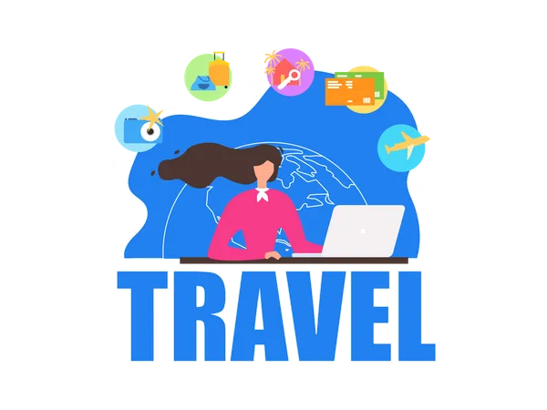 Reisebüromitarbeiter sitzt vor Laptop und bietet Kunden Unternehmensdienstleistungen an  Illustration