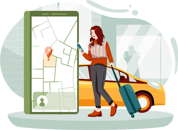 Reisende Dame bestellt Taxi über mobile Anwendung  Illustration