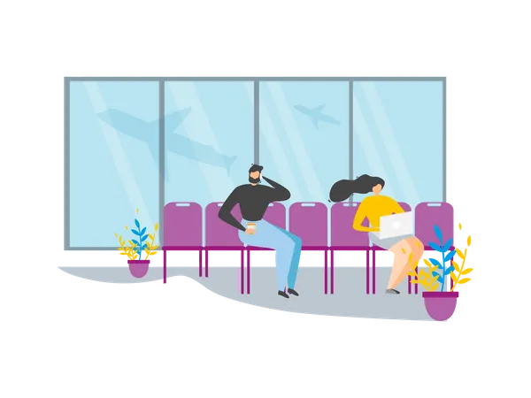 Reisende warten in der Flughafenlounge auf ihren Flug  Illustration