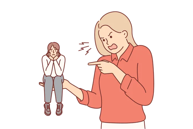 Relacionamento tóxico entre mulher gritando com homem em miniatura sentado na palma da mão da esposa com careta triste  Ilustração
