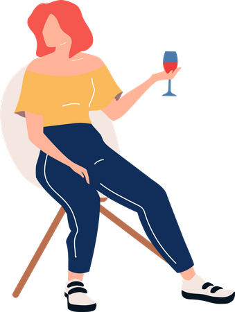 Relajante mujer pelirroja con vino en copa  Ilustración