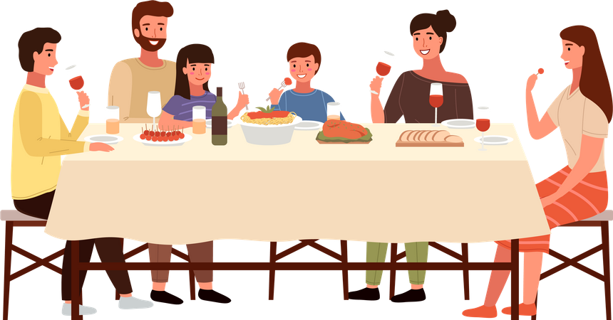 Relatives communicating and eating food at dining table  Illustration